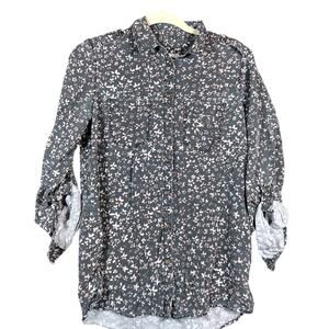 Express Womens Shirt Black Gray Floral Boyfriend Button Down Roll Tab Sleeve S